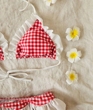 Red gingham check white frill halter neck two-piece body-shaping bikini swimsuit