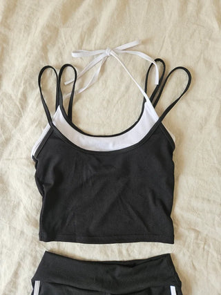 Black and white ribbed crop top bra top dolphin pants two-piece sporty bikini surfing activity water park swimsuit