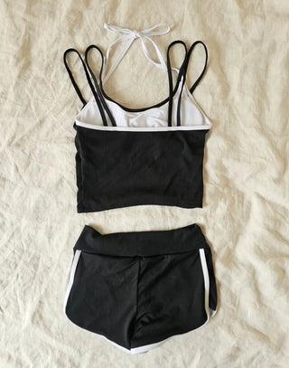 Black and white ribbed crop top bra top dolphin pants two-piece sporty bikini surfing activity water park swimsuit