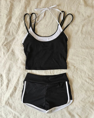 Black and white ribbed crop top bra top dolphin pants two-piece sporty bikini surfing activity water park swimsuit