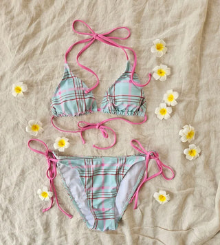 Pink Mint Check Halter Neck String Piece Bikini Striped Pants Cover-Up Set