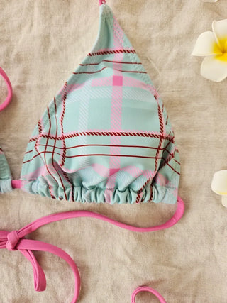 Pink Mint Check Halter Neck String Piece Bikini Striped Pants Cover-Up Set