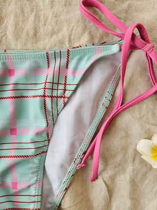 Pink Mint Check Halter Neck String Piece Bikini Striped Pants Cover-Up Set