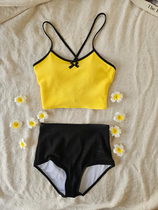 Yellow and black color blocking ribbed swimsuit high-waisted two-piece belly-covering corset tank top and ribbon bikini set