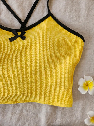 Yellow and black color blocking ribbed swimsuit high-waisted two-piece belly-covering corset tank top and ribbon bikini set