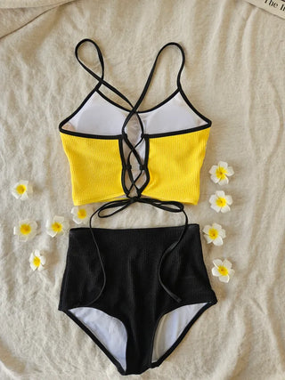 Yellow and black color blocking ribbed swimsuit high-waisted two-piece belly-covering corset tank top and ribbon bikini set