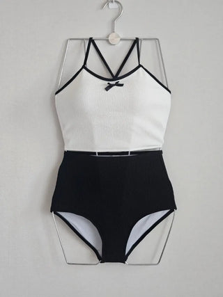 Yellow and black color blocking ribbed swimsuit high-waisted two-piece belly-covering corset tank top and ribbon bikini set