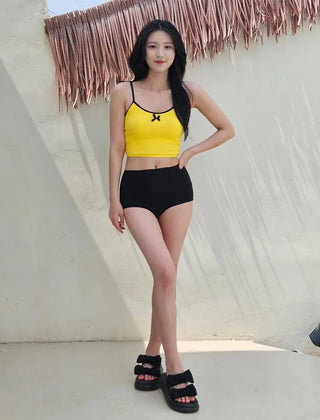 Yellow and black color blocking ribbed swimsuit high-waisted two-piece belly-covering corset tank top and ribbon bikini set