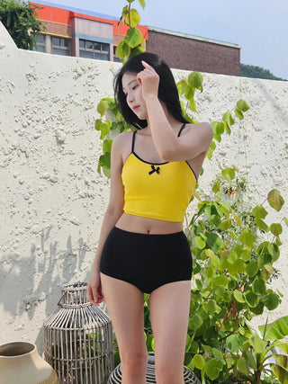 Yellow and black color blocking ribbed swimsuit high-waisted two-piece belly-covering corset tank top and ribbon bikini set
