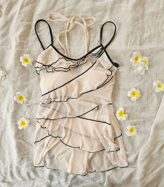 Ruffle frill see-through one-piece cover-up bikini set slim fit innocent swimsuit beachwear