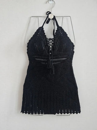 color white crochet backless knit one-piece swimsuit set slim fit body-covering beach look