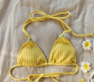 Lovely Ribbon Yellow Halter Neck Bikini Piece Set with Frill Skirt Cute Swimsuit Set Beachwear