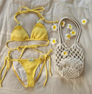 Lovely Ribbon Yellow Halter Neck Bikini Piece Set with Frill Skirt Cute Swimsuit Set Beachwear