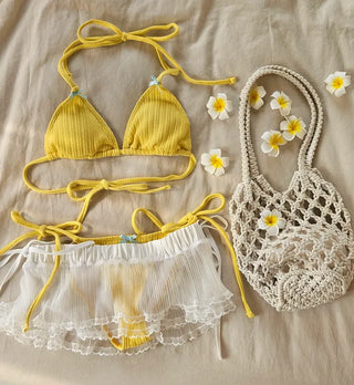 Lovely Ribbon Yellow Halter Neck Bikini Piece Set with Frill Skirt Cute Swimsuit Set Beachwear