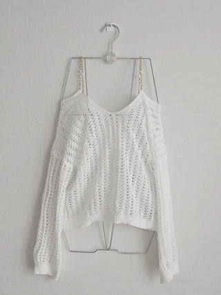 ☀️Salantatem Bikini Cover-up Off-Shoulder Summer Net Knit Mesh Chain Long Sleeve Knit Beach Top