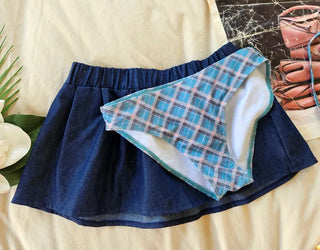 Blue check piece bikini set with denim skirt body-covering belly-covering swimsuit piece beachwear