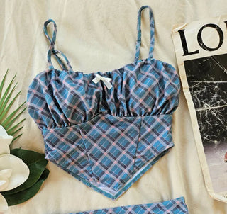 Blue check piece bikini set with denim skirt body-covering belly-covering swimsuit piece beachwear