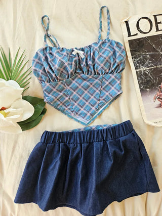 Blue check piece bikini set with denim skirt body-covering belly-covering swimsuit piece beachwear