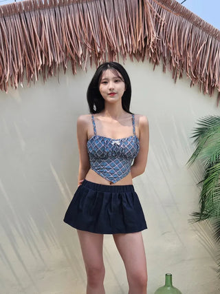 Blue check piece bikini set with denim skirt body-covering belly-covering swimsuit piece beachwear