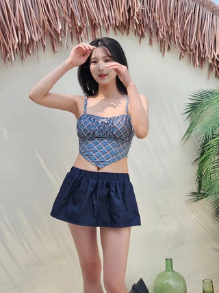 Blue check piece bikini set with denim skirt body-covering belly-covering swimsuit piece beachwear