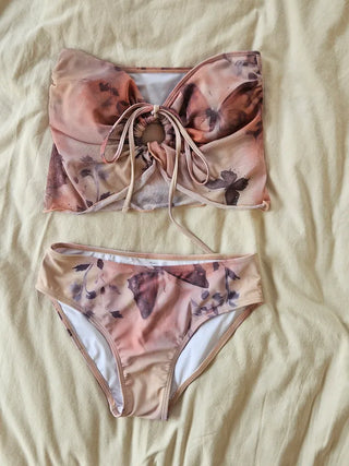 Butterfly bikini see-through piece swimsuit set with long skirt and cover-up for a delicate beach look and halter neck swimsuit.