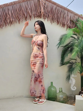 Butterfly bikini see-through piece swimsuit set with long skirt and cover-up for a delicate beach look and halter neck swimsuit.
