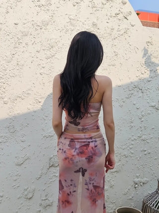 Butterfly bikini see-through piece swimsuit set with long skirt and cover-up for a delicate beach look and halter neck swimsuit.