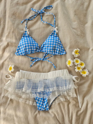 Blue Gingham Check Frill Lace Sheer Cover-Up Piece Halter Neck Bikini Set - Cute Swimsuit