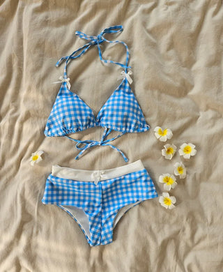 Blue Gingham Check Frill Lace Sheer Cover-Up Piece Halter Neck Bikini Set - Cute Swimsuit