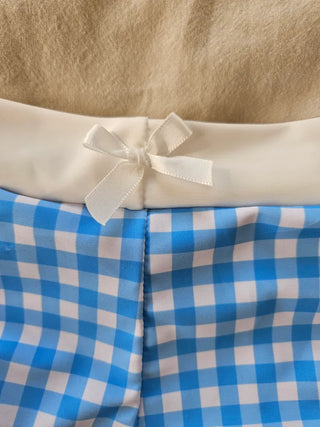 Blue Gingham Check Frill Lace Sheer Cover-Up Piece Halter Neck Bikini Set - Cute Swimsuit