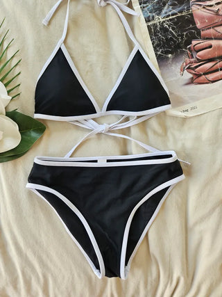 Black knit cover-up piece bikini set swimsuit sporty lettering tank top beachwear swimsuit set