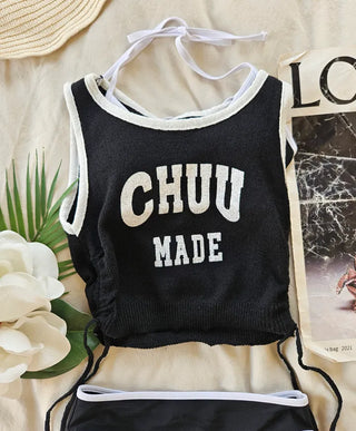 Black knit cover-up piece bikini set swimsuit sporty lettering tank top beachwear swimsuit set