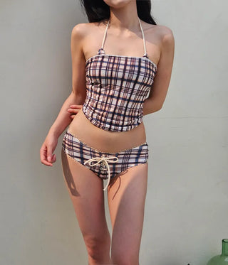 Check bikini piece set including tube top halter neck wrap skirt and ribbon corset swimsuit skirt