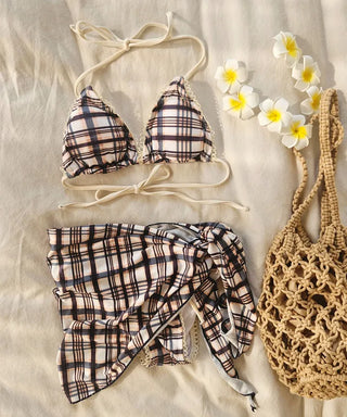 Check bikini piece set including tube top halter neck wrap skirt and ribbon corset swimsuit skirt