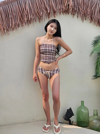 Check bikini piece set including tube top halter neck wrap skirt and ribbon corset swimsuit skirt