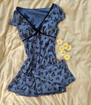 Navy floral see-through one-piece swimsuit set with pants loose fit two-piece beachwear resort look monokini
