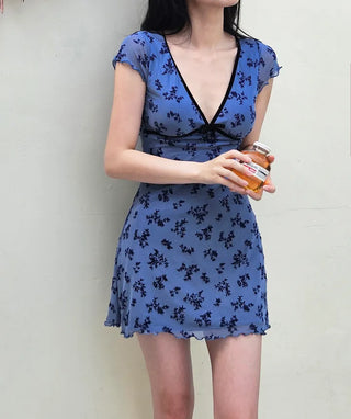 Navy floral see-through one-piece swimsuit set with pants loose fit two-piece beachwear resort look monokini