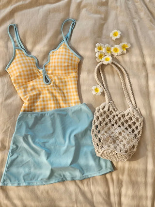 Yellow gingham check corset monokini swimsuit with sky blue cover-up skirt set