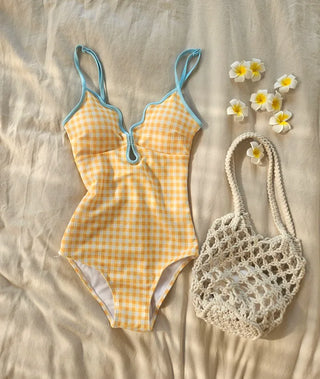 Yellow gingham check corset monokini swimsuit with sky blue cover-up skirt set