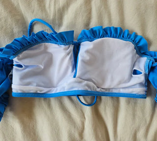 Blue off-shoulder frill sexy bikini piece set with see-through wrap skirt and cover-up ribbon swimsuit