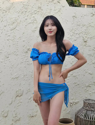 Blue off-shoulder frill sexy bikini piece set with see-through wrap skirt and cover-up ribbon swimsuit