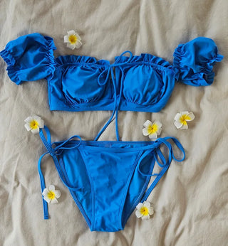 Blue off-shoulder frill sexy bikini piece set with see-through wrap skirt and cover-up ribbon swimsuit