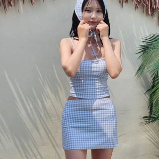 Hooded piece check bikini gingham check swimsuit set lovely beachwear cover-up swimsuit