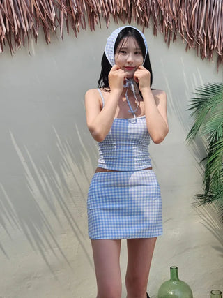 Hooded piece check bikini gingham check swimsuit set lovely beachwear cover-up swimsuit