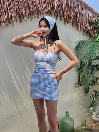 Hooded piece check bikini gingham check swimsuit set lovely beachwear cover-up swimsuit
