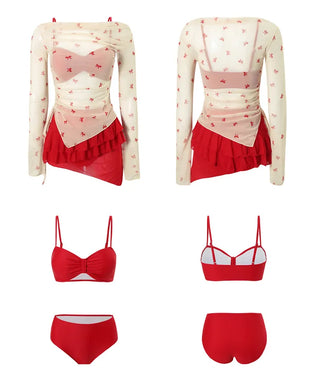 Off-shoulder bikini see-through ribbon cover-up piece swimsuit set frill skirt body-covering beachwear