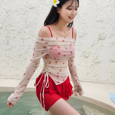 Off-shoulder bikini see-through ribbon cover-up piece swimsuit set frill skirt body-covering beachwear