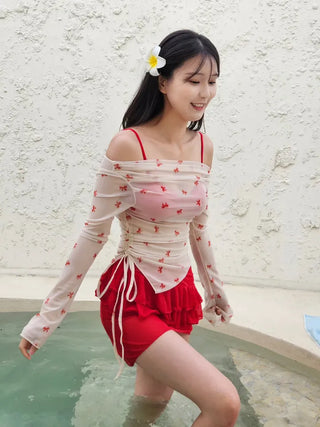 Off-shoulder bikini see-through ribbon cover-up piece swimsuit set frill skirt body-covering beachwear