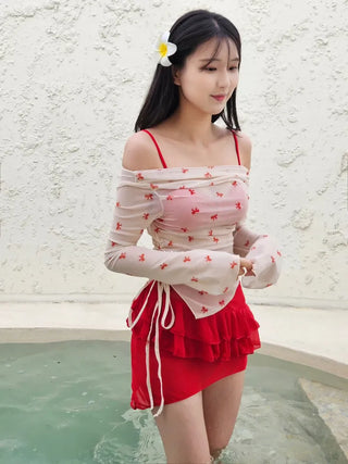 Off-shoulder bikini see-through ribbon cover-up piece swimsuit set frill skirt body-covering beachwear
