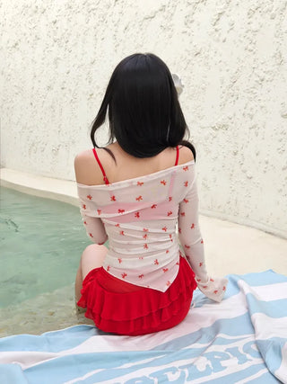 Off-shoulder bikini see-through ribbon cover-up piece swimsuit set frill skirt body-covering beachwear